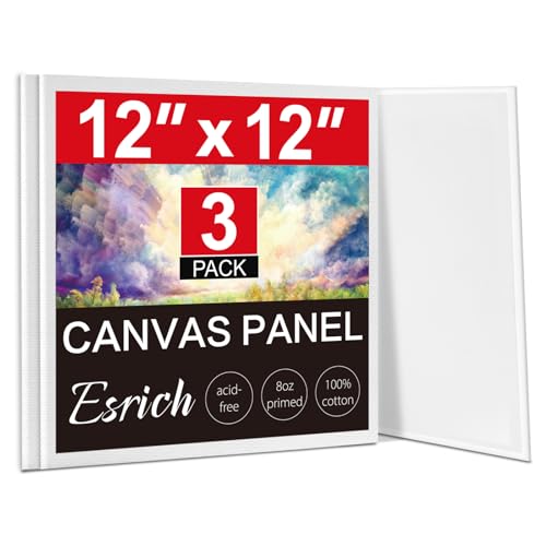 ESRICH Canvas for Painting 3 Pack Square Canvas Boards for Painting 12x12 100% Cotton Primed Acid Free Blank Canvas Panels for Oil Paint Watercolor Acrylic Paint Gouache and Tempera.