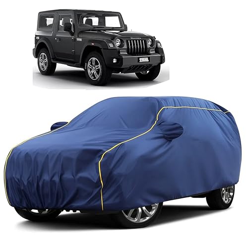 Image of Sulfar 100% Water Resistant Car Body Cover Compatible with Mirror for Mahindra Thar (Triple Stitched, Full Bottom Elastic, Blue Taffeta with Yellow Piping)