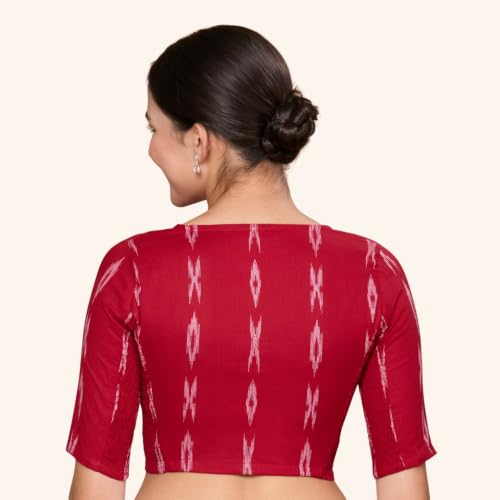 Image of Studio Shringaar Women Cotton Ikat Stretchable (Smocked) Readymade Elbow Length Sleeve Saree Blouse