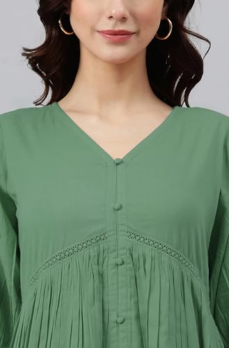 Image of Janasya Women's Cotton Solid Flared Dress