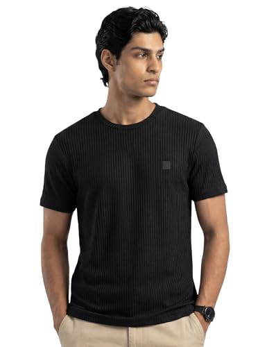 Image of DAMENSCH Men's Striped Texture, Cotton-Rich Comfort, Regular Fit, Solid Colours Striped T-Shirts