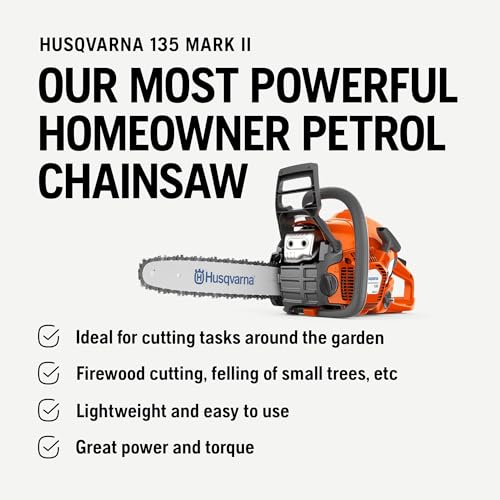 Motosega a Benzina Husqvarna 135 Mark II Robusta Affidabile e Facile da usare per uso privato, lama 36 cm, cilindrata 38 cm³, 22 cavalli per un peso di soli 4.7 kg - 4