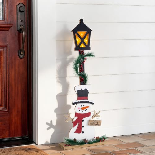Image of Glitzhome 36.75 inch H Lighted Christmas Snowman Porch Sign,Whimsical Wooden Porch Decor with Illuminated Street Lamp & Timer,Merry Christmas Sign for Holiday Front Porch Outdoor Decorations