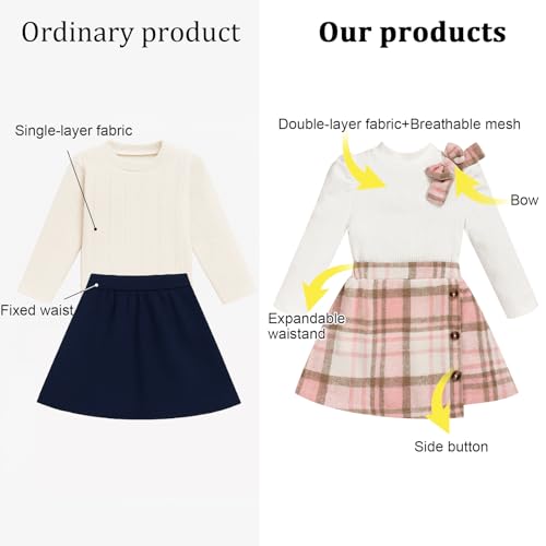 Toddler Girl Plaid Outfits Fall Winter Dress Knit Ribbed Bow Sweatshirt Tops and Button Fashion Skirts Set（White Pink Plaid,4T by TITKKOP - Image 6