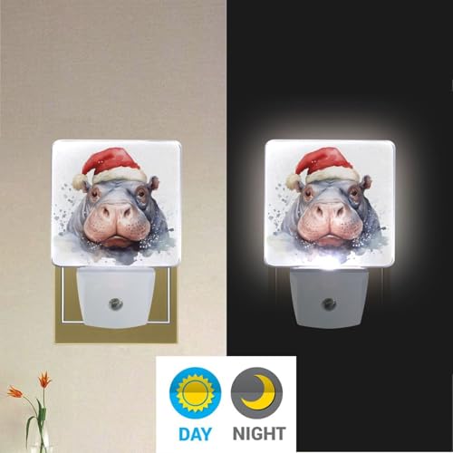 Image of Hippo Christmas Hat Night Lights 2 Pack Plug-in Wall Led Nightlight Auto Dusk-to-Dawn Sensor Lamps for Bedroom Kitchen Bathroom
