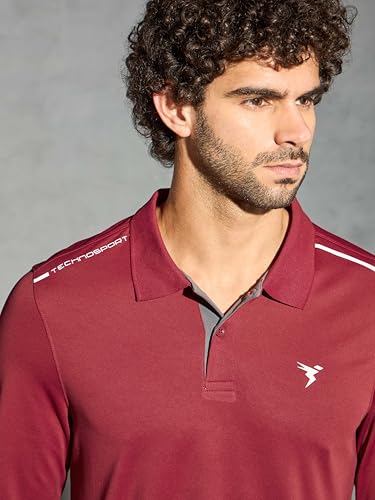 Image of TECHNOSPORT Men's Solid Full Sleeve Polo T-Shirt TECHNOCOOL+ Quick Dry Slim Fit Sports Tee for Travel Casual Smart Wear UPF50+ Anti Odour