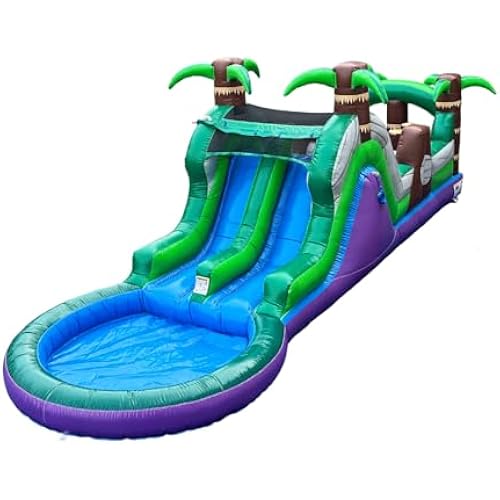 28ft Tropical Inflatable Wet Dry Obstacle Dual Slide with Pool