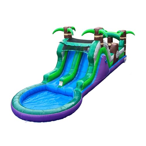 POP JUMP 7ft Tall Inflatable Obstacle Course with Water Slide Dual Lane with Pool- 28ft Long, 100% PVC Vinyl, Commercial Reinforced, Backyard Wet/Dry Fun for Kids and Adults, Includes Blower