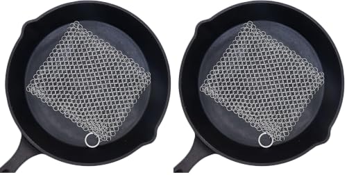 Image of Cast Iron Cleaner - 6 Inch Stainless Steel Chain mail Scrubber for Cast Iron Pans Cleaner Chainmail Scrubber for Skillet, Wok, Pot, Dutch Ovens (Pack of 2)