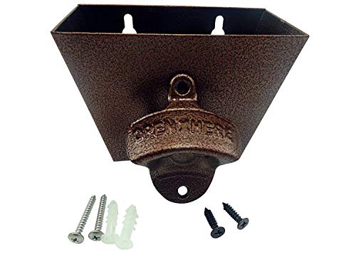 Bottle Opener Cast Iron Wall Mount and Stainless Steel Cap Catcher with Screws - Open HERE Classic Mounted Vintage Style Home Bartender Restaurant Decor