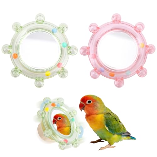 Fukaisu 2pcs Bird Mirror Toy for Cage Rotating Bird Mirror with Rustling Balls Embedded Interactive Birdcage Hanging Pet Accessories for Parakeet Budgie Lovebird Canaries Conures Perch Cockatiels