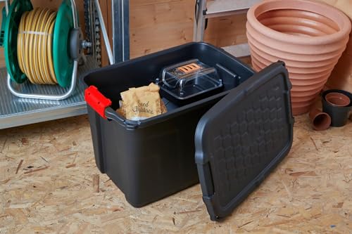 Heavy Duty Large Storage Box with Lid, 60L, Lockable, Indoor/Outdoor, Clip Lock, Black with Red Handles – Image 4