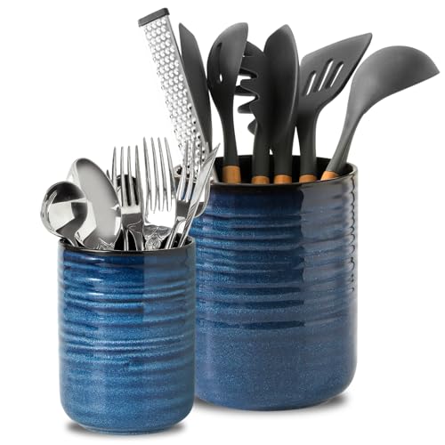 HASENSE Utensil Holder, 7.4” + 5.4” Ceramic Cooking Utensil Crock for Kitchen Counter, 2 Pack Utensil Caddy Utensil Organizer for Spatula and Spoon Kitchen Decor, Navy Blue