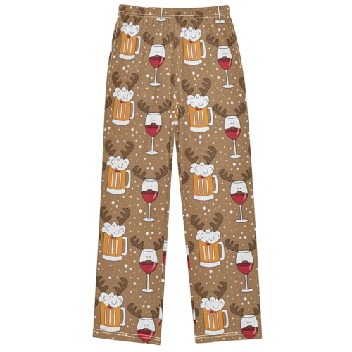 Boy's Lounge Pants Funny Beer Mugs Reindeer Antler Kids Jogger Pants Elastic Long Bottoms with Pockets 6-14 Years