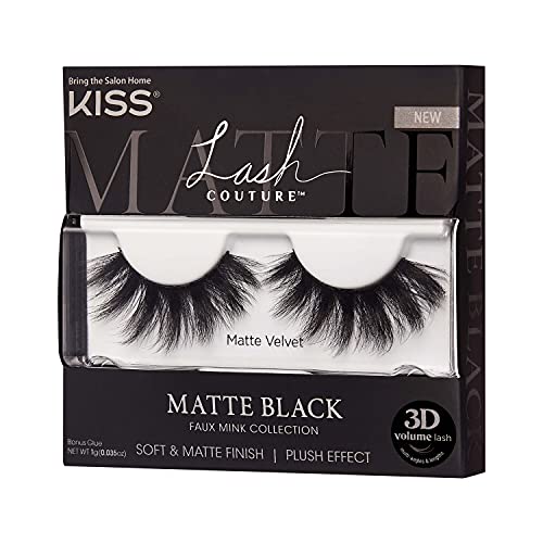 Kiss Lash Couture Matte Black Faux Mink Collection, False Eyelashes 1-Pack, Soft Real Mink Texture & Matte Finish, High Impact Color, 3D Volume, Knot-Free Lash Band, Reusable, Matte Velvet, 1 Pair #TOP1