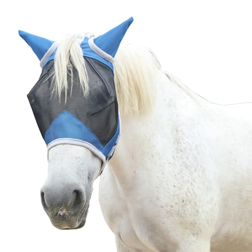 Image of Fly Mask for Horses with Ears Breathable Mesh UV Protection Royal Blue Full