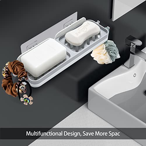 GZEINB Soap Dish for Shower Wall, Double Layer Design with Drainage and Soapy Water Collection, Holds Two Bars of Soap and Carries 4 Hooks, Grey, Rectangular, Polypropylene (PP) Material - Image 2