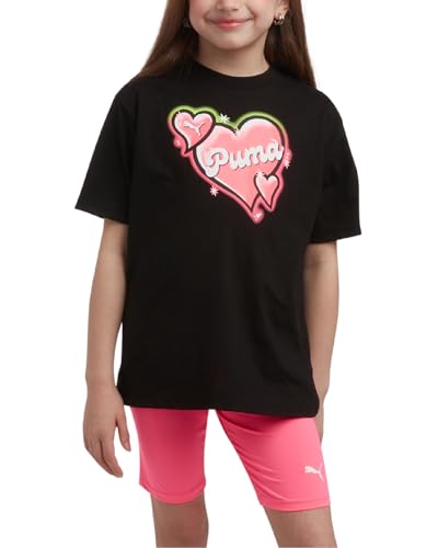 Image of PUMA Girls' Biker Short Set - 2 Piece Short Sleeve Crewneck Graphic Tee Shirt and Bike Shorts for Girls (Sizes: 7-14)