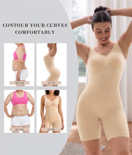 Image of SHAPERX Women's Shaping Mid-Thigh Bodysuit Tummy Control Shapewear Seamless Full Body Shaper