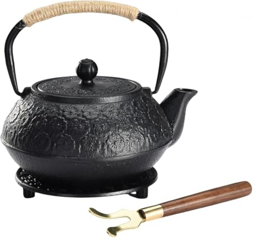 Juxkov 南部鉄瓶 青色 内面光沢・防錆仕様 フォークパッド付き 桜デザイン 鉄器・鉄製・鋳物製 急須・茶道道具 鉄分補給 ガス・電気コンロ・炭火・IH 調理器・直火対応 伝統工芸品 家庭用鉄製急須