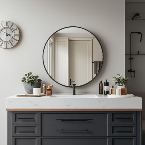 Amazing Tour Spiegel des Badezimmers rund Spiegel Kreis 40cm gebürstet Rahmen Wand Metall eingerahmt Glaswand HD für Make-up Badezimmer Salon Eingang schwarz