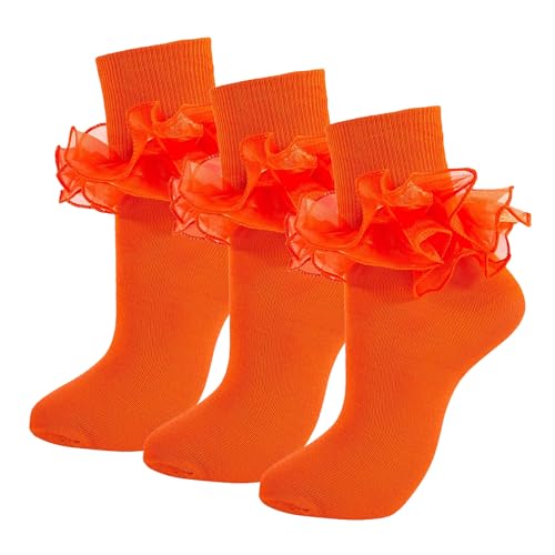 Image of Women Big Ruffle Ankle Socks Adult Double Lace Frilly Turn Cuff Dress Socks Cotton Cute Fancy Bobby Crew Socks