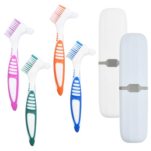 4 Piezas Cepillos de Limpieza de Dientes, Cepillo De Dientes Para Dentaduras, Cepillos de Prótesis Portátiles de Doble Punta, Cepillo Dentadura Postiza Con Caja de Almacenamiento