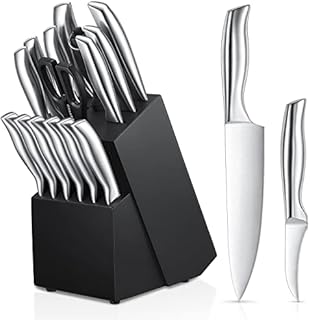 Knife Set, 16 PCS Stainless Steel Kitchen Includes Chef Knife, Carving Bread Utility 6 X Steak Knives, Paring Peeler, Scissors, Sharpener and Block, Silver