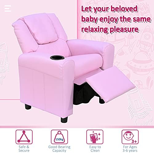 HOMCOM Kids Children Recliner Lounger Armchair Games Chair Sofa Seat PU Leather Look w/Cup Holder (Pink)
