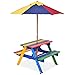 GYMAX Tavolino con Sedie per Bambini da Esterno in Legno di Abete, Set di Mobili da Giardino per Bambini con Ombrellone, Ideale per Giardino, Cortile e Terrazzo, Multicolore