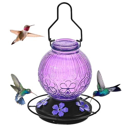 Glass Hummingbird Feeders for Outdoors Hanging, 23Oz Humming Bird Nectar Feeders with Perch, 5 Flower Feeding Ports, Leak Proof Base and Hook for Garden Decor, Gifts for Mom Women (Purple)