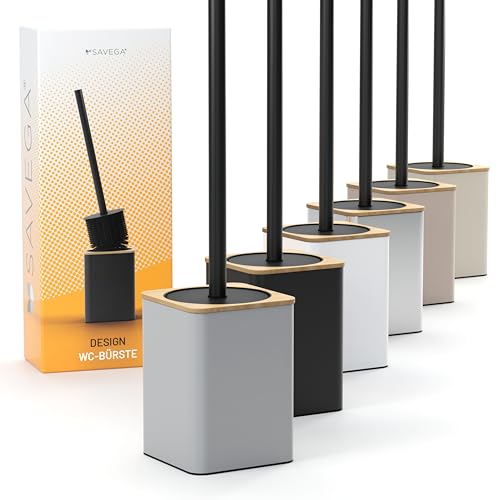 SAVEGA - Brosse WC en Silicone Grise avec Bambou - Balayette Toilettes Moderne avec Porte-Brosse INOX et Protection Anti-éclaboussures