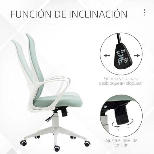 Miniatura 5 de Vinsetto Silla De Oficina Giratoria Silla De Escritorio Juvenil Con Altura Ajustable Función De Basculante Reposabrazos Y Respaldo Alto 62x56x110-119,5 Cm Verde
