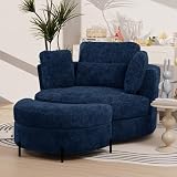 Sinzho & Wiyfun 50.2' Oversized Swivel Accent Chair with Half Moon Storage Ottoman Upholstered Chenille Large Round Barrel Chair with 4 Pillows for Living Room, Blue