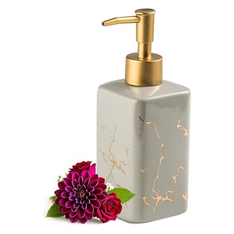 Gold Soap Dispenser for Bathroom Countertop, Square Gray Dish Soap Dispenser Pump Bottle with Golden Stripes for Kitchen Sink Laundry Shower Lotion, Ceramic Hand Soap Dispenser Pump for Soap Liquid Cover
