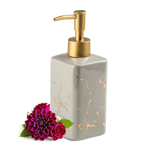 Gold Soap Dispenser for Bathroom Countertop, Square Gray Dish Soap Dispenser Pump Bottle with Golden Stripes for Kitchen Sink Laundry Shower Lotion, Ceramic Hand Dispenser Pump for Soap Liquid
