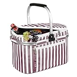Tirrinia Large Insulated Picnic Basket, 34L Water Resistant & Leakproof Collapsible Portable Cooler Basket Set with Aluminium Handle for Travel, with a Free Foldable Grocery Bag, Wine Stripe