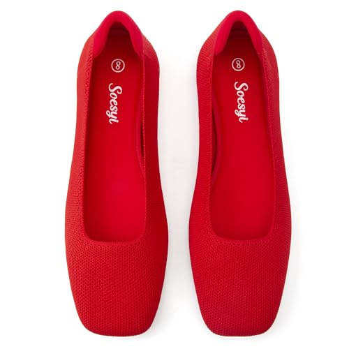 Image of Soesyi Women's Mary Jane Ballet Flats Washable Knit Shoes Comfortable for Dressy Office Casual Walking Slip-on Square Toe Flats