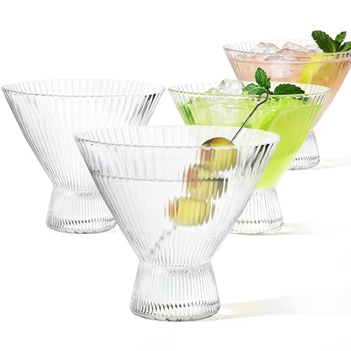 VIMERPA Martini Glasses, Ribbed Stemless Martini Glass Set of 4, 8oz Large coupe, for Champagne Espresso, Crystal Retro Style for Cocktail Bar Drinks, Vintage Art Deco Glassware