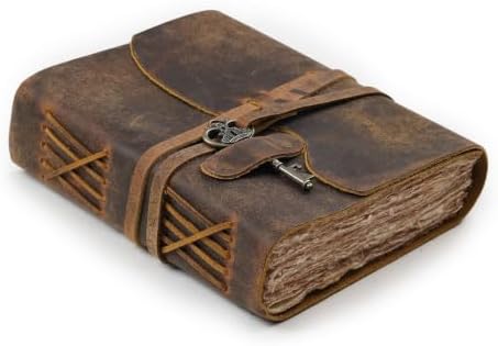 LEATHER VILLAGE Vintage Leather Diary โ 200 Handmade Vintage Deckle Edge Paper โ Leather bound Journal-Notebook For Women Men โ Vintage Key Closure (10"X7", Distressed Brown)