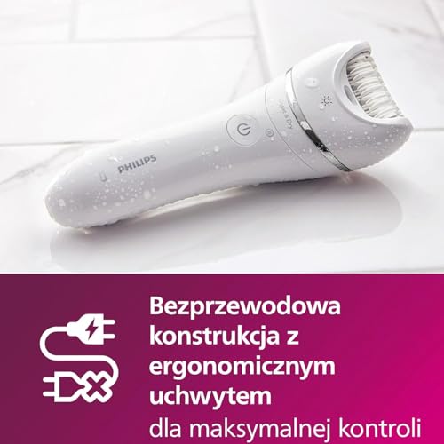 Philips Depilator z serii 8000, bezprzewodowy depilator na mokro i na sucho do nóg i ciała, z 6 akcesoriami, trymerem i szczoteczką złuszczającą, model BRE715/00