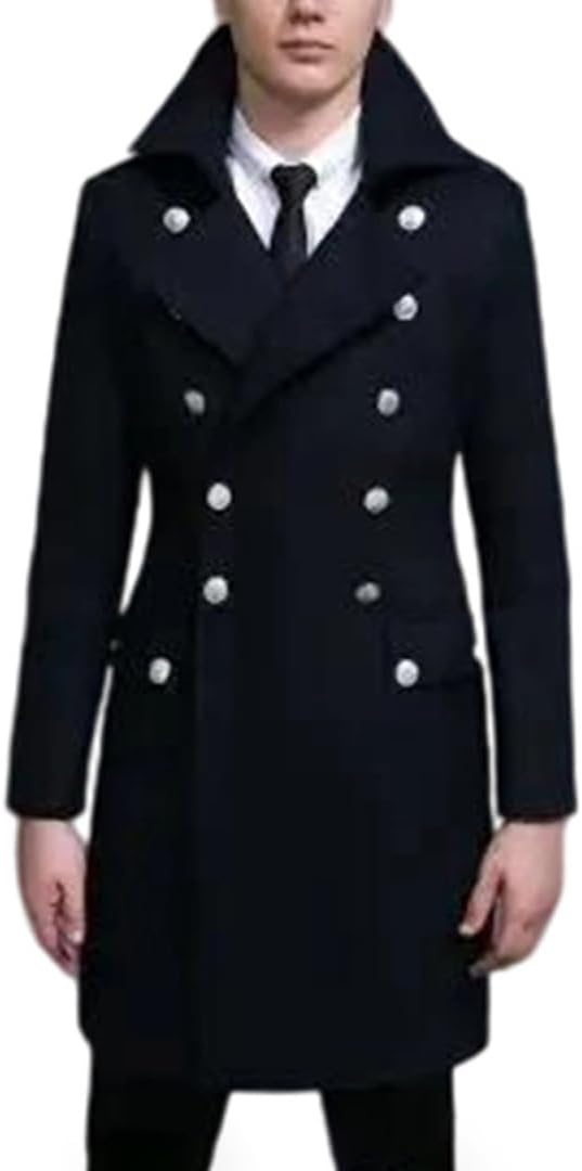 Men’S Double-Breasted Wool Coat – Military Style Cashmere Blend Pea Coat Thick Warm Slim Fit Winter Jacket