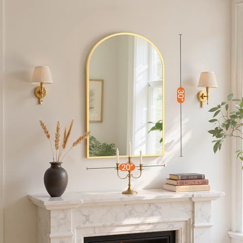 Image of NEWBULIG 22 inchx30 inch Arched Wall Mirror, Bathroom Mirrors for Over Sink, Gold|Vantiy Mirror with Tempered Glass & Anti-Rust Metal Frame, Entryway, Living Room, Bedroom