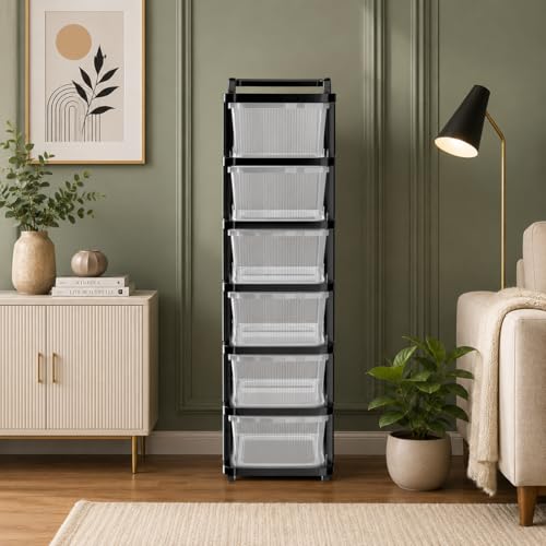 Image of URBAN LUXY Plastic Storage Drawer Organizer with Wheels | 6 Layer Multi-Purpose Chest of Drawers for Home, Office & Bedroom | Clothes, Toys & Stationery Organizer | (Transparent Black)