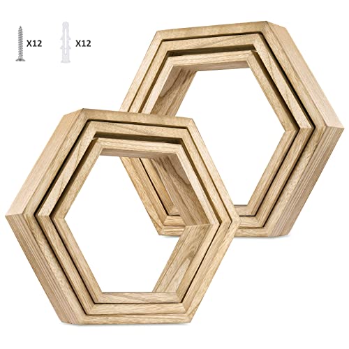 Ybing Hexagon Floating Shelves Wall Mounted Farmhouse Wood Storage Honeycomb Wall Shelf Set Of 6 Hexagonal Shelves Wall Home Decor Hexagon Shelves For Living Room Bedroom Office, Light Brown #TOP5