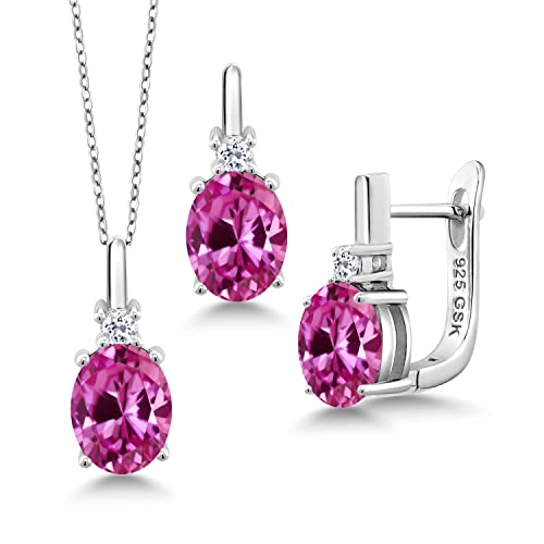 Gem Stone King 925 Sterling Silver Pink Created Sapphire and White Topaz Pendant Earrings Set For Women (7.28 Cttw, with 18 Inch Chain)