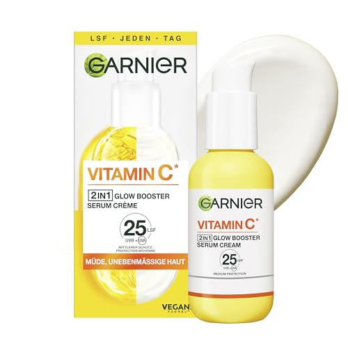 Garnier Serum-Crème gegen müde Haut und dunkle Flecken, 2in1 Tagespflege für mehr Glow und einen ebenmäßigen Teint, Mit Vitamin C, Skin Active, 50 ml