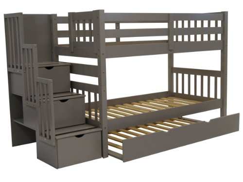 Bedz King Stairway Bunk Beds Twin Over Twin With 3 Drawers In The Steps And A Twin Trundle, Gray #TOP1