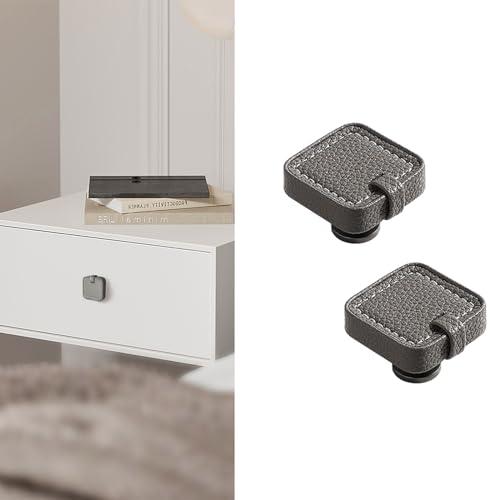 Image of 6 Pack Leather Cabinet Knobs Hand-Stitch Grey Square Drawer Pulls for Cabinets Cupboard Dressers Drawers Bedroom Brown