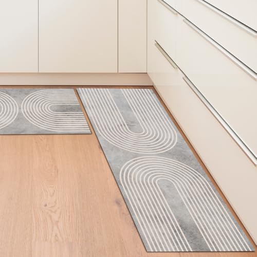 Winund Pack 2 Alfombra Vinilo Cocina Antideslizante – Alfombrilla Vinílica Lavable PVC para Cocina Moderna 43x72 y 43x120 cm (Grey Boho)